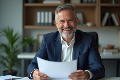 Homme d'âge moyen en costume bleu tenant une police d'assurance