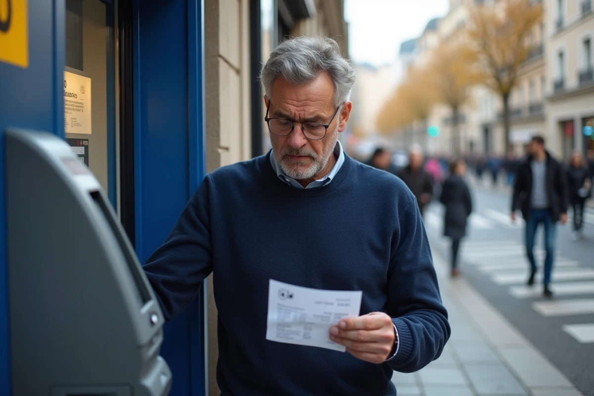 Homme regardant son relevé CAF devant un distributeur en ville