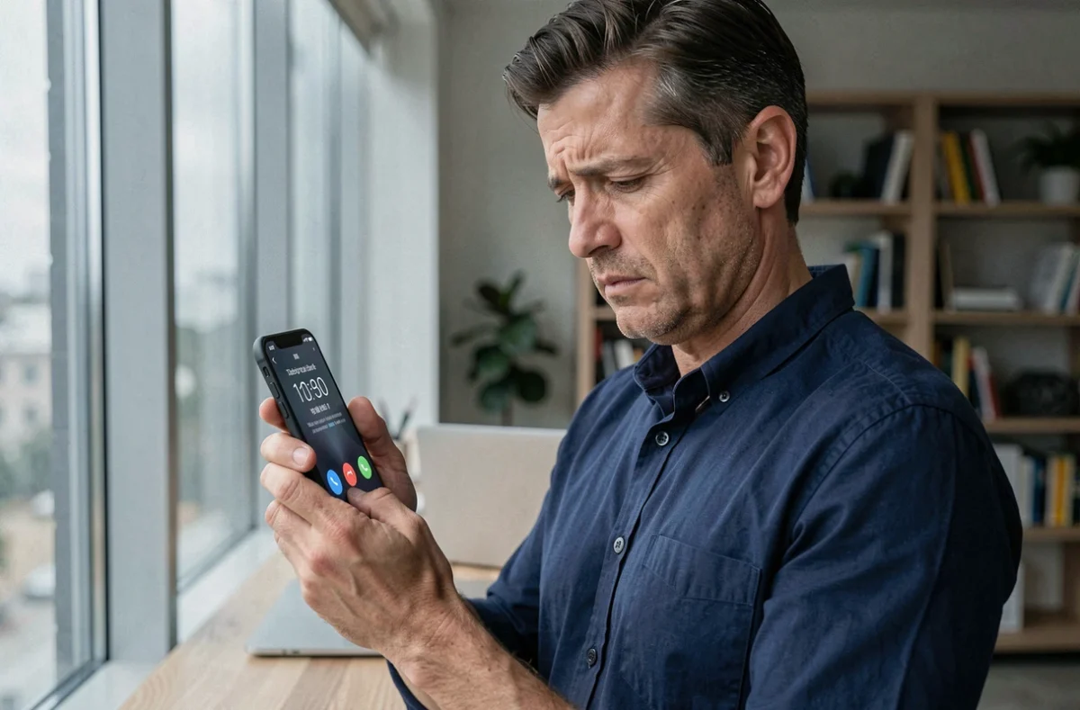 Homme regardant son téléphone avec un temps d'attente prolongé en essayant de contacter le 3639 de La Banque Postale depuis son bureau à domicile