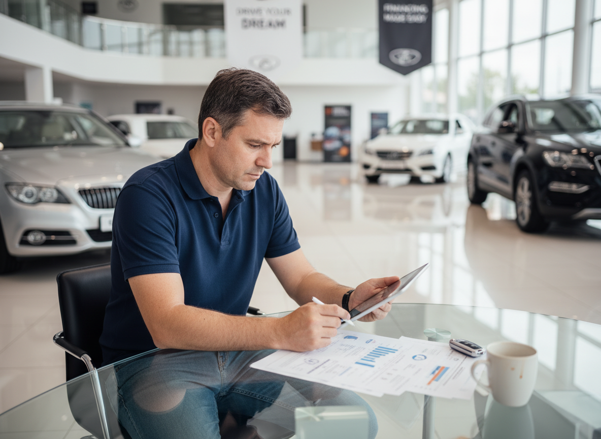 Homme dans un showroom automobile utilisant une tablette
