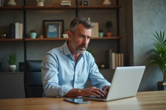Homme d'âge moyen anxieux sur son ordinateur à la maison