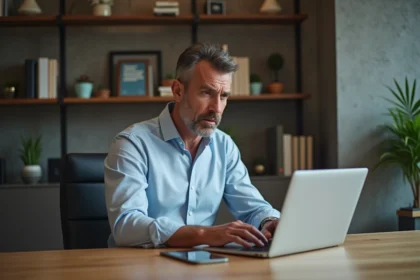 Homme d'âge moyen anxieux sur son ordinateur à la maison