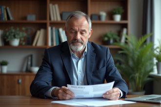 Homme d'âge moyen dans un bureau moderne examinant des formulaires bancaires