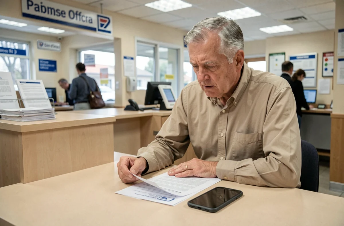 Homme âgé consulte un document et son téléphone au guichet d'un bureau de poste pour résoudre un problème de contact avec La Banque Postale
