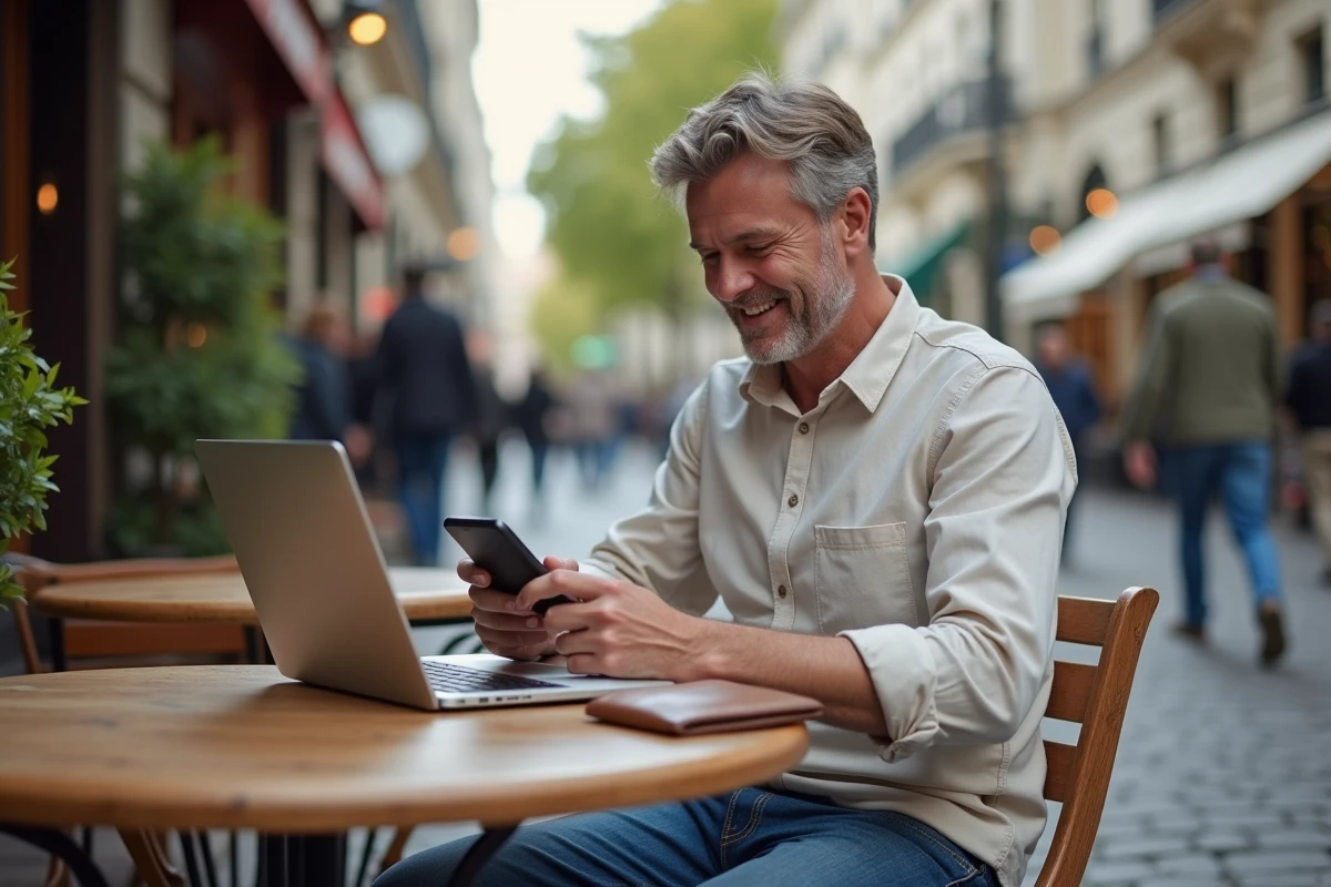 Homme assis dans un café parisien utilisant son smartphone
