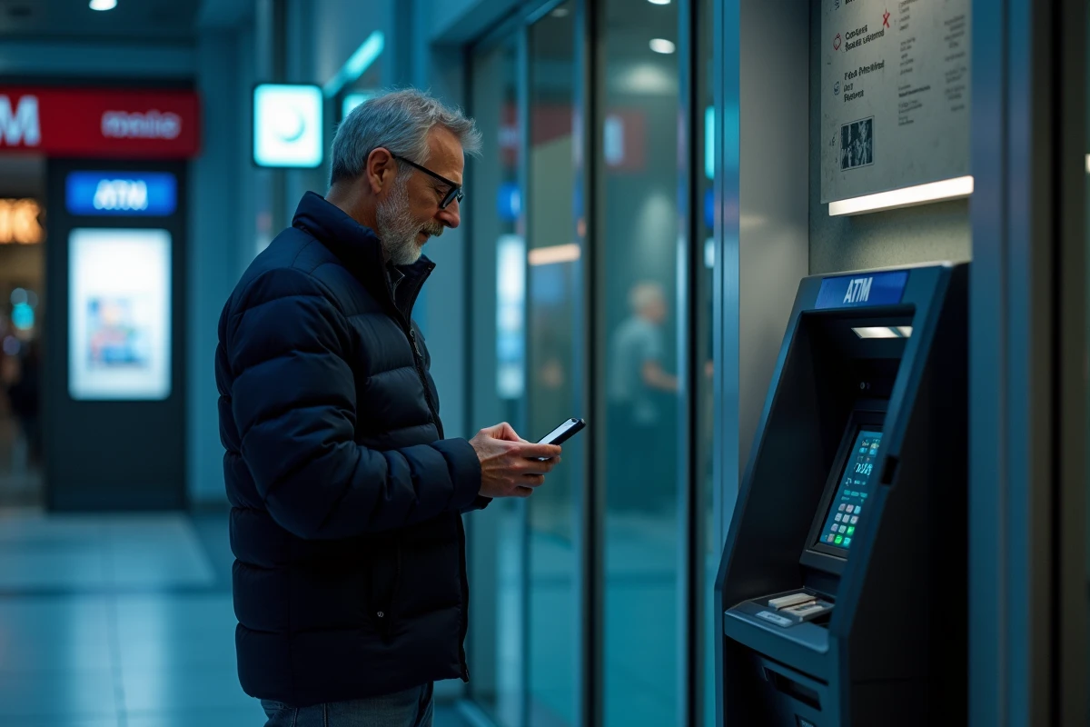 Homme cherchant un distributeur de billets à proximité sur une carte interactive depuis son smartphone