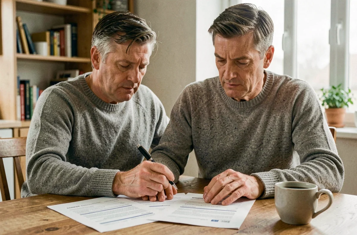 Homme comparant des bulletins de salaire à domicile, calcul brut net pour CDI CDD ou intérim