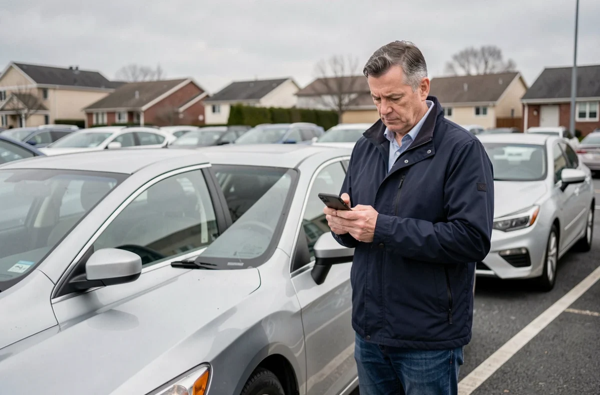 Homme comparant des tarifs d'assurance auto sur smartphone debout à côté de sa voiture