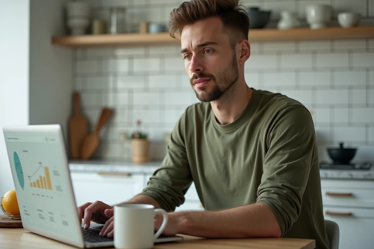 Jeune homme consultant les délais d'opérations bancaires en attente sur son compte en ligne depuis son appartement