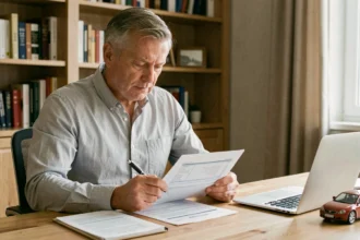 Homme consultant son contrat d'assurance auto à son bureau pour calculer son bonus 50