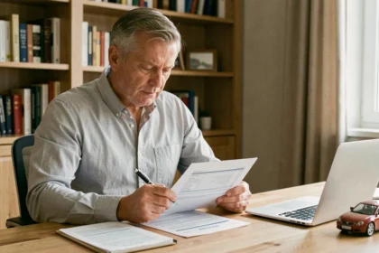 Homme consultant son contrat d'assurance auto à son bureau pour calculer son bonus 50