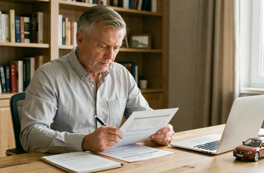 Homme consultant son contrat d'assurance auto à son bureau pour calculer son bonus 50