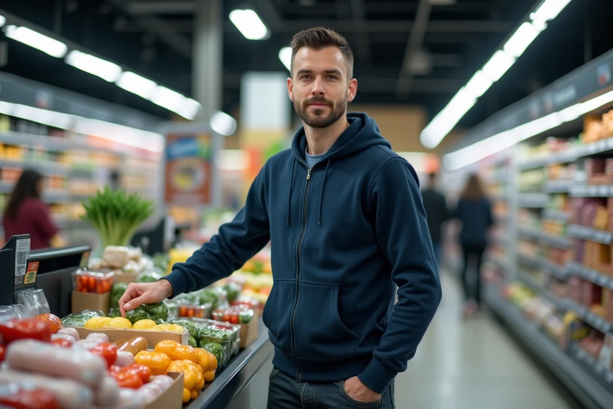Homme faisant ses courses au supermarché, symbolisant le pouvoir d'achat avec un salaire net de 2200 euros brut en 2026