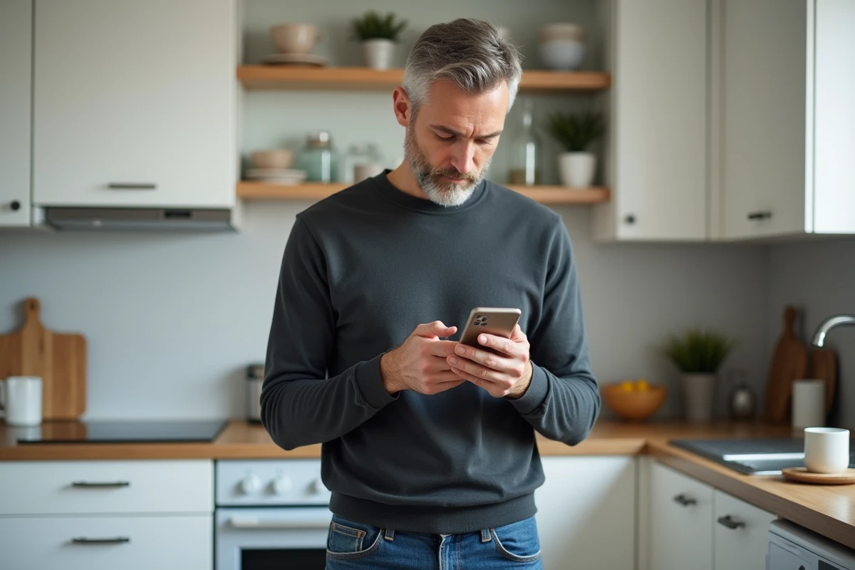 Homme dans une cuisine moderne gérant ses comptes sur smartphone