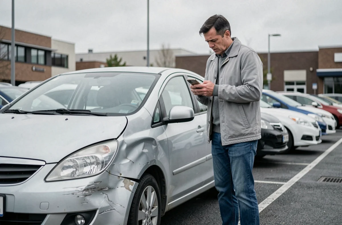 Homme constatant les dégâts sur sa voiture après un accident et envisageant le paiement de la franchise assurance