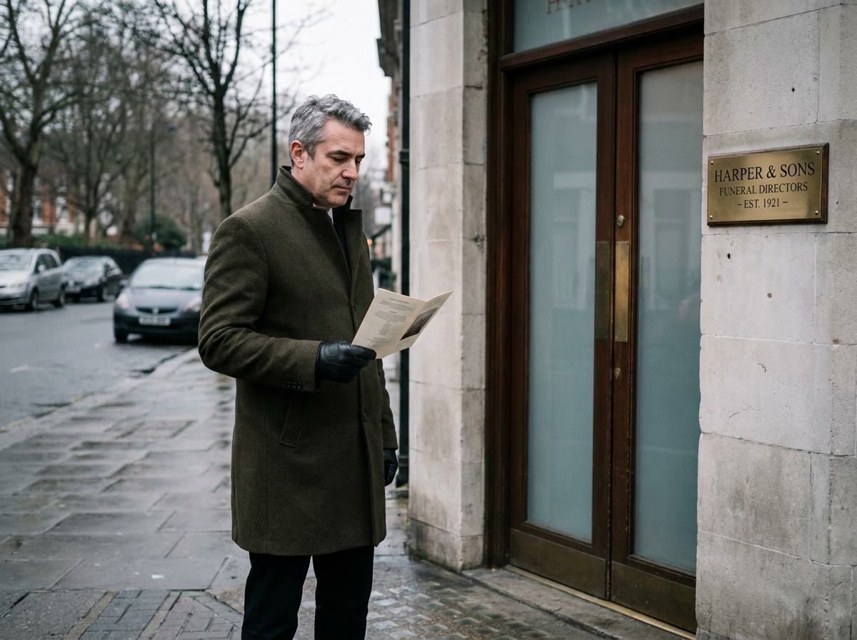 Un homme tenant un devis funéraire se tient devant l'entrée d'une pompe funèbre en milieu urbain