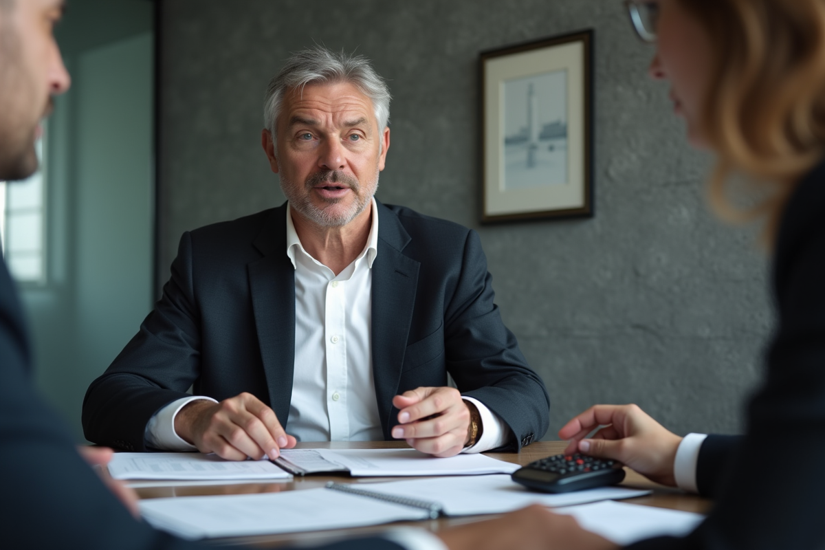 Homme en costume explique des documents à un client dans un bureau