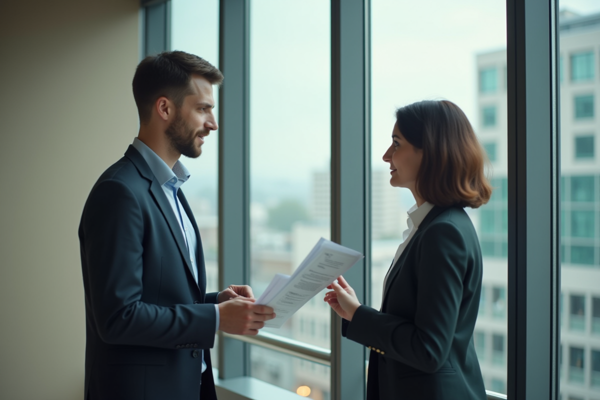 Homme discutant avec un conseiller bancaire près d une grande fenêtre