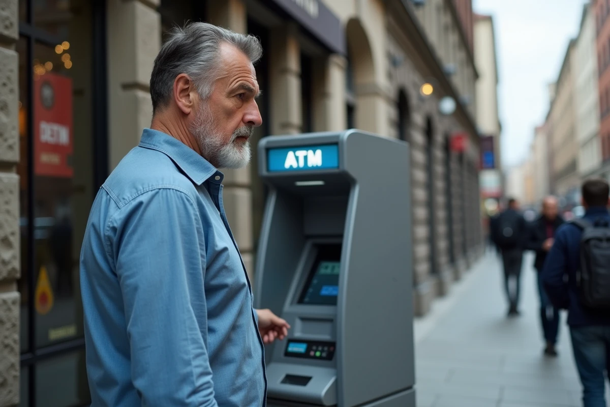 Homme face à un distributeur automatique après un refus de transaction dû à un découvert bancaire