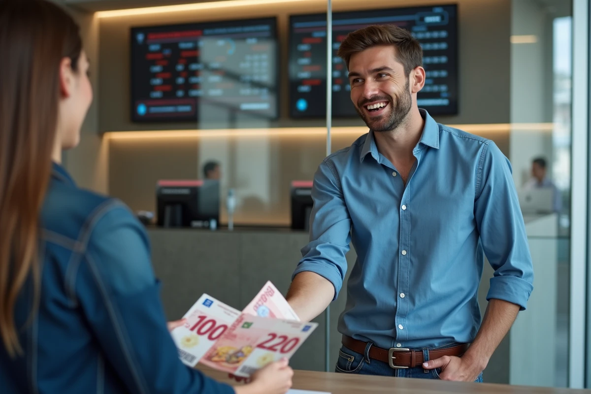 Jeune homme échangeant des francs pacifiques à la banque