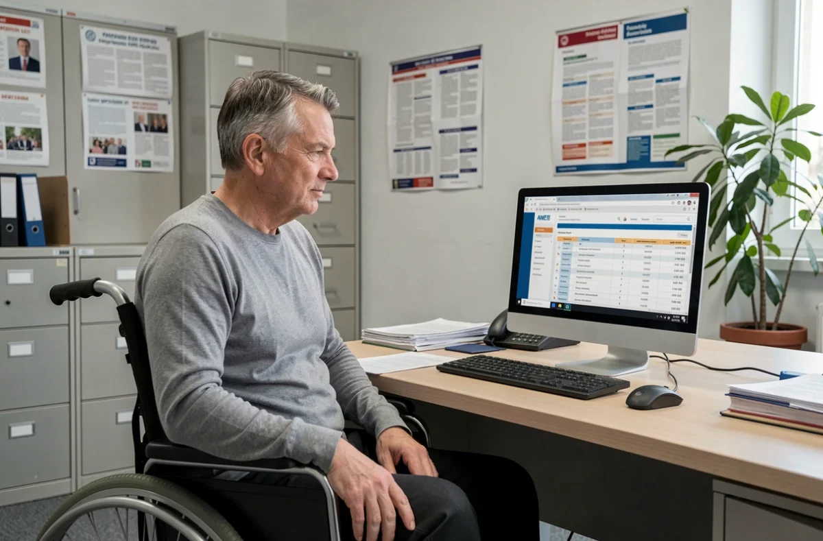 Homme en fauteuil roulant consultant le calendrier de versement de la pension d'invalidité sur ordinateur