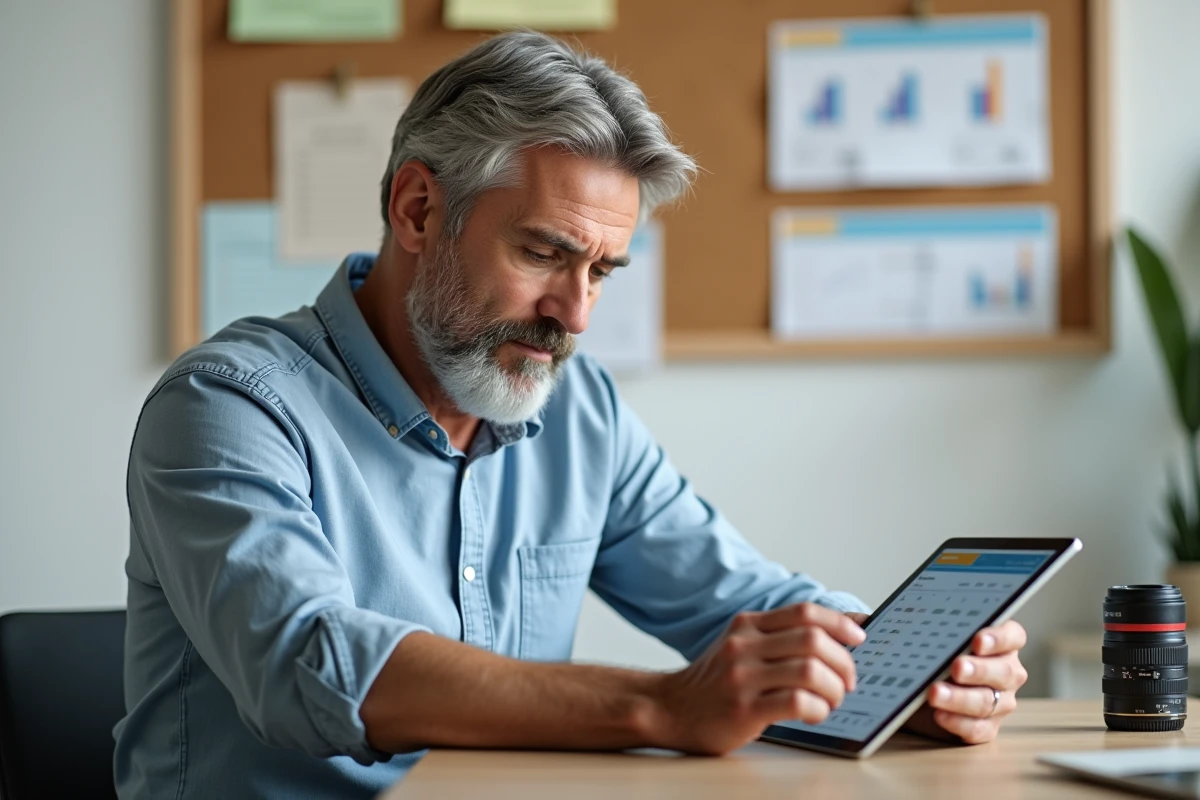 Homme mettant à jour son budget sur une tablette dans un bureau moderne