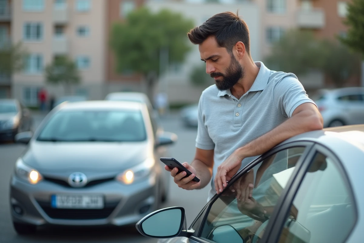Homme inspectant sa voiture et vérifiant son contrat d'assurance auto sur smartphone dans un parking urbain