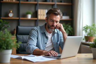 Homme d'âge moyen travaillant sur ses investissements dans un bureau moderne