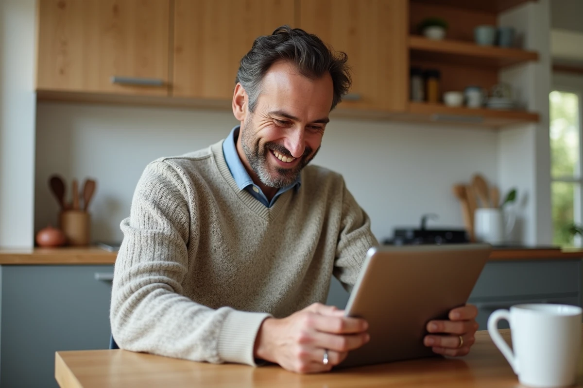 Homme au domicile utilisant une tablette pour ses économies