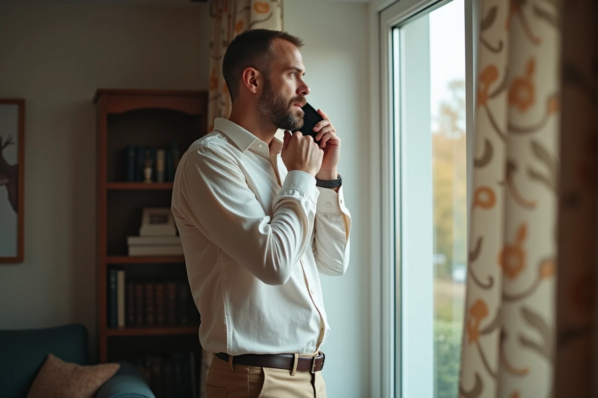 Homme à la maison en appel téléphonique dans le salon