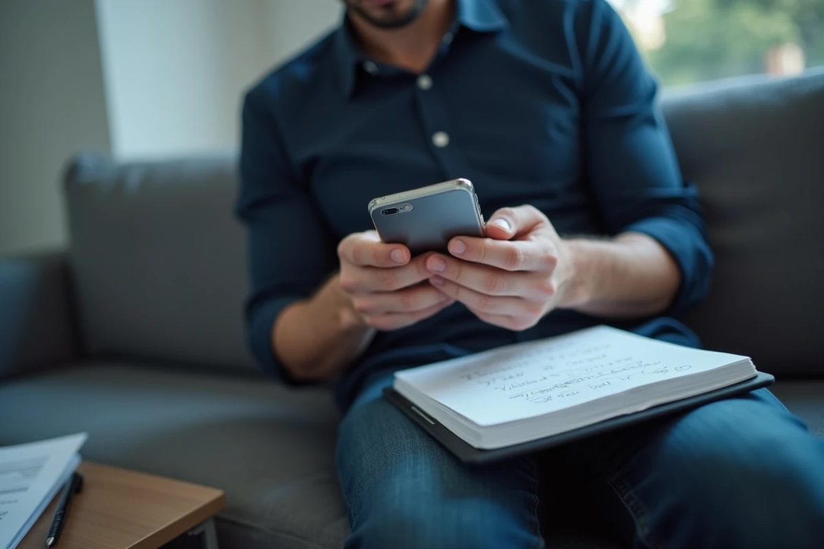 Homme consultant l'application Lydia sur smartphone tout en prenant des notes pour préparer son dossier client