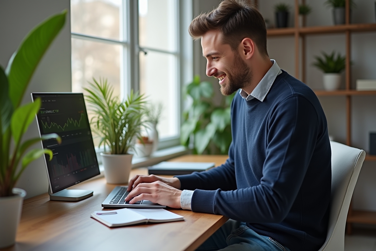 Homme détendu travaillant sur son ordinateur à Paris
