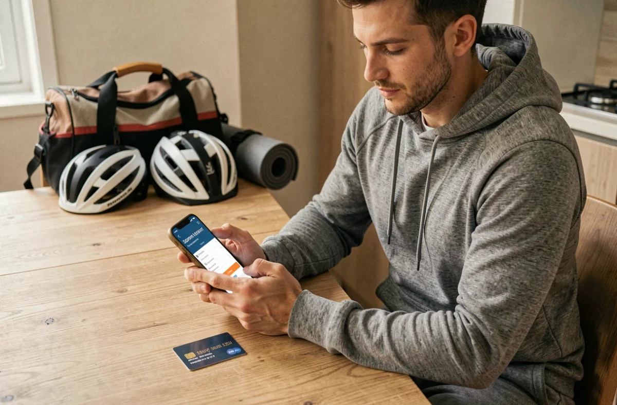 Homme utilisant son smartphone pour payer un équipement sportif en plusieurs fois depuis chez lui