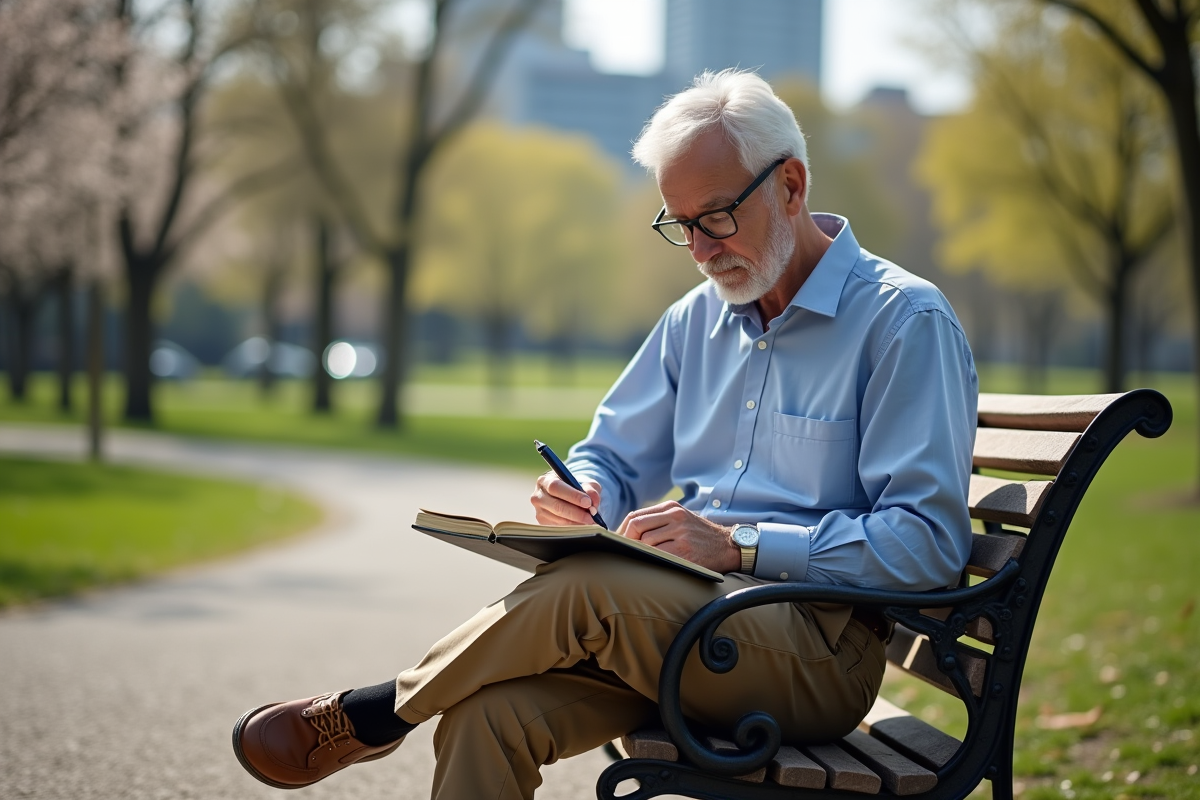Homme mature pensant dans un parc urbain au printemps