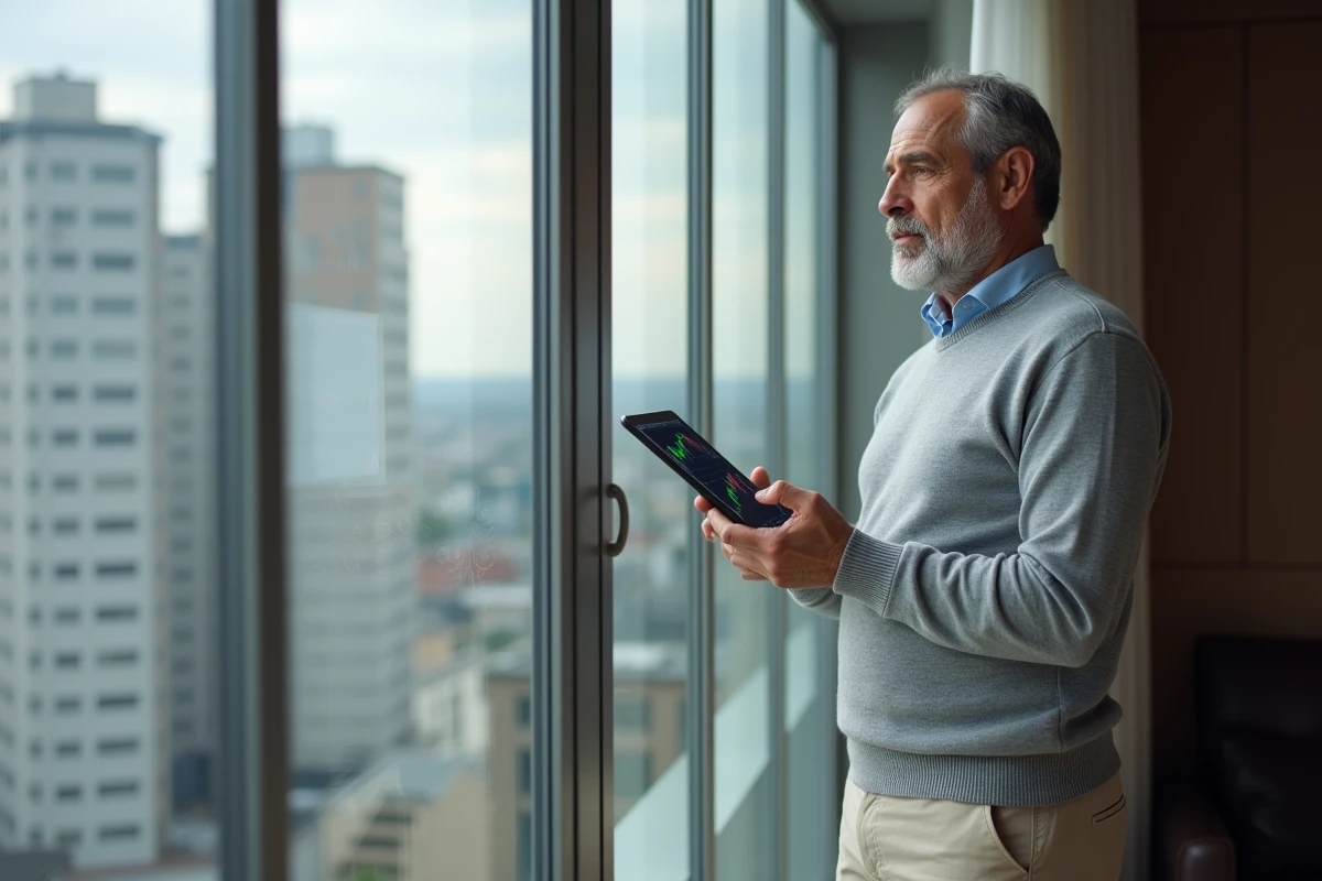 Homme regardant des graphiques SCPI sur tablette dans salon