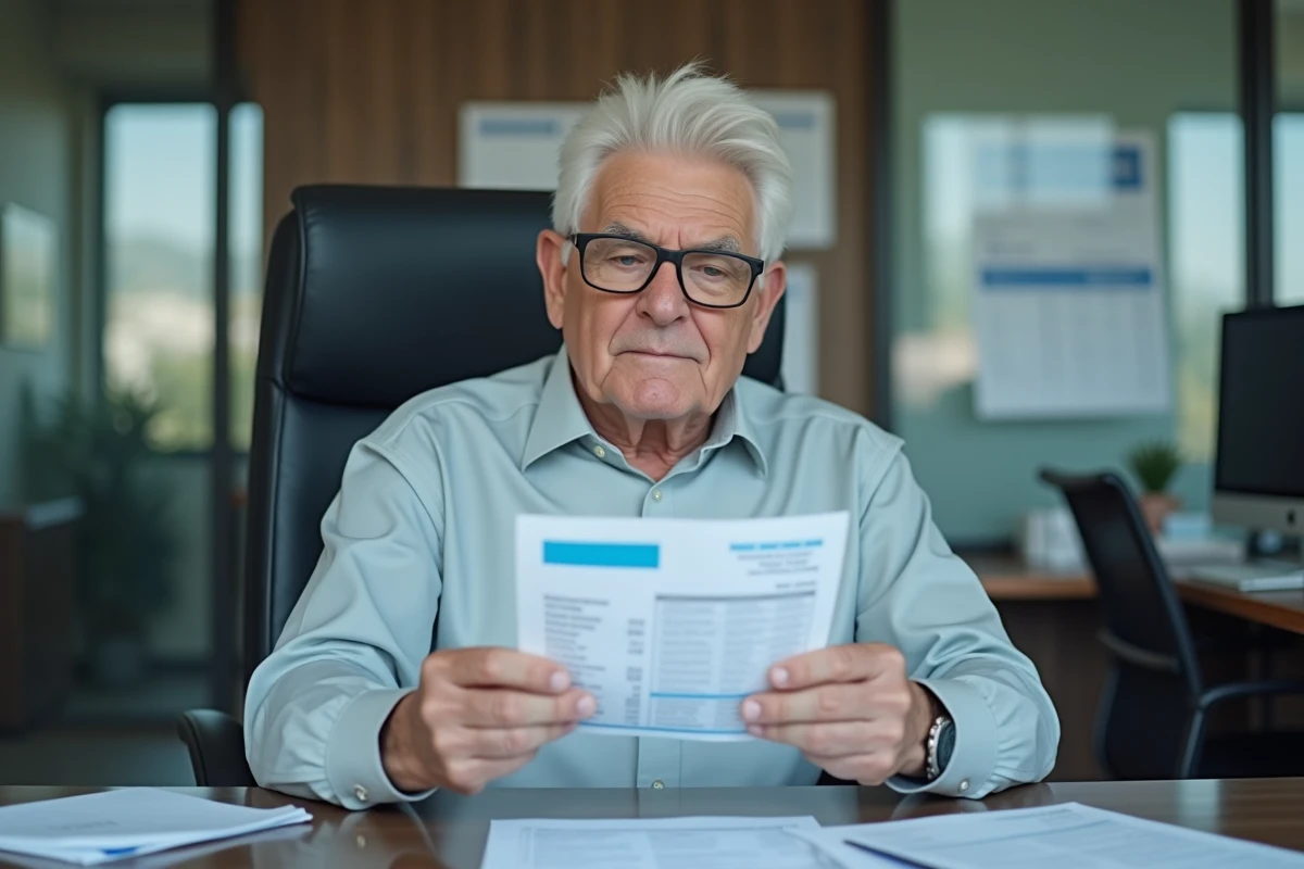 Homme âgé tenant un relevé bancaire dans un bureau moderne