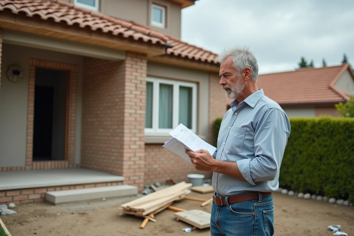 Homme regardant une facture de construction devant sa maison