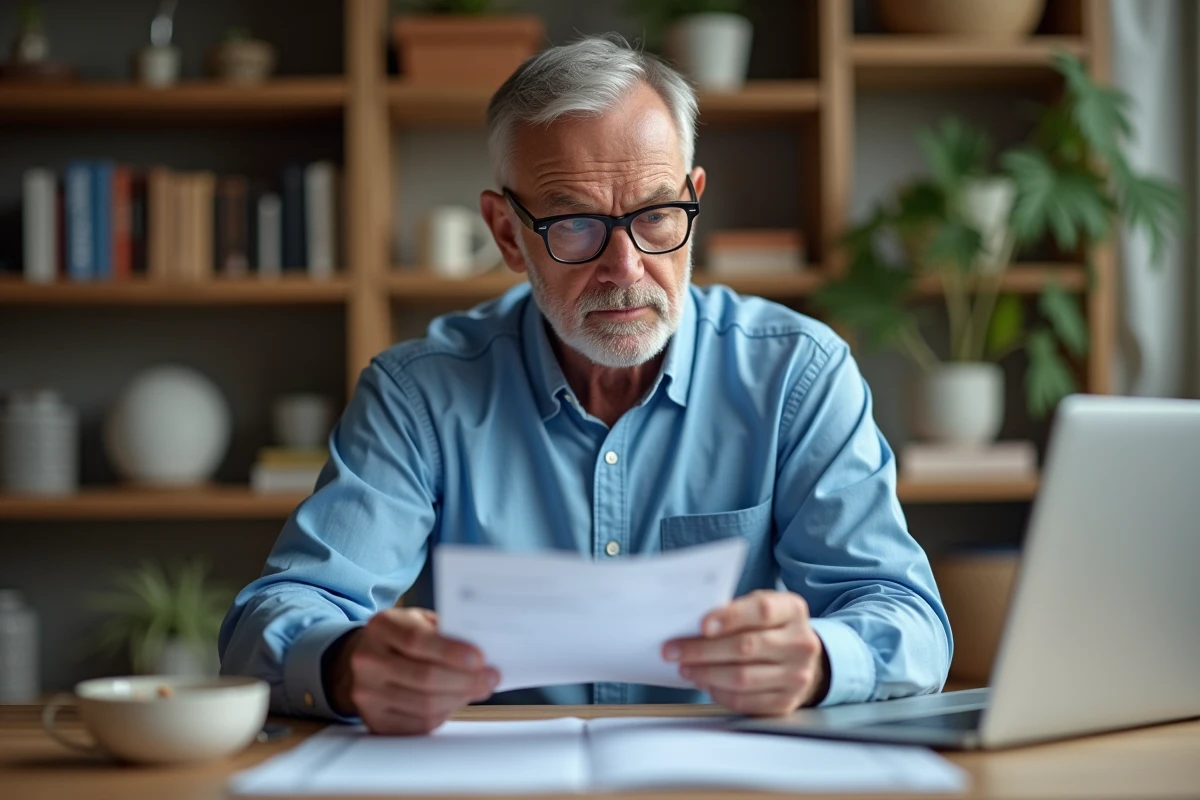 Homme d age en revue financiere a la maison