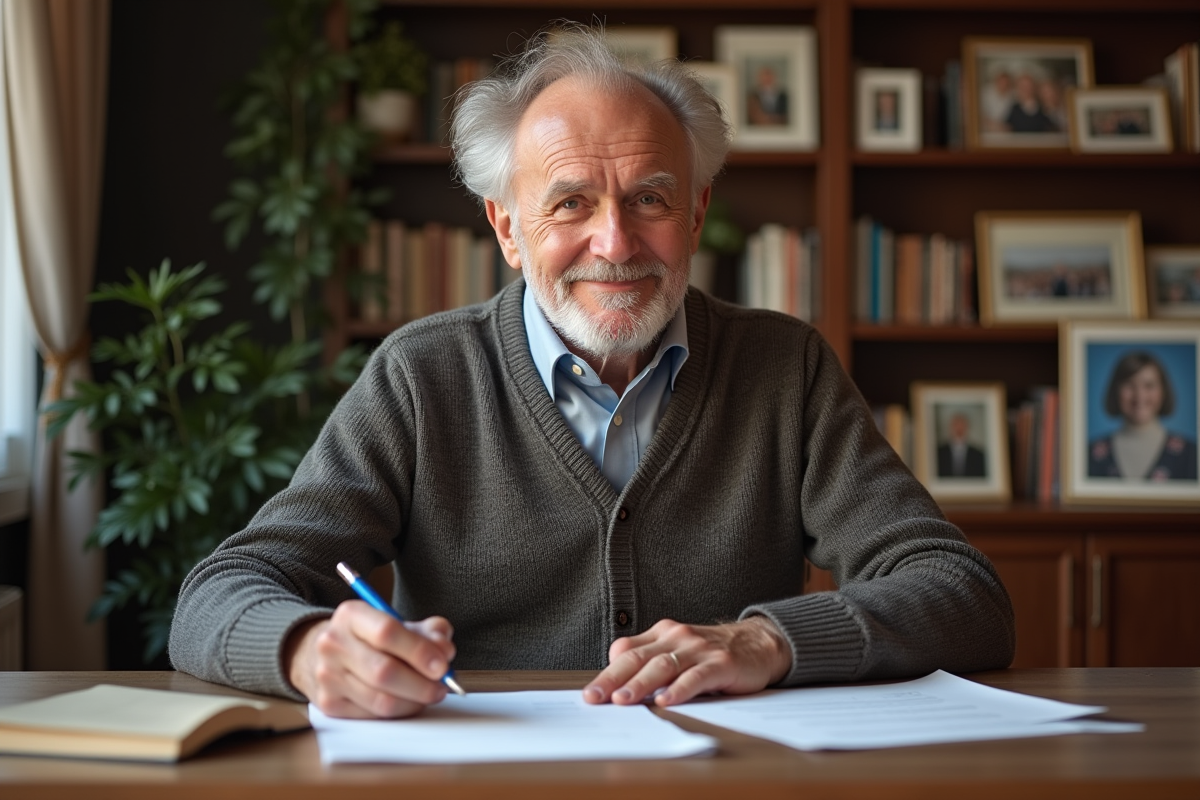 Homme senior lisant des documents dans un bureau chaleureux