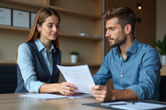 Jeune homme en bleu remet ses documents à une banquière