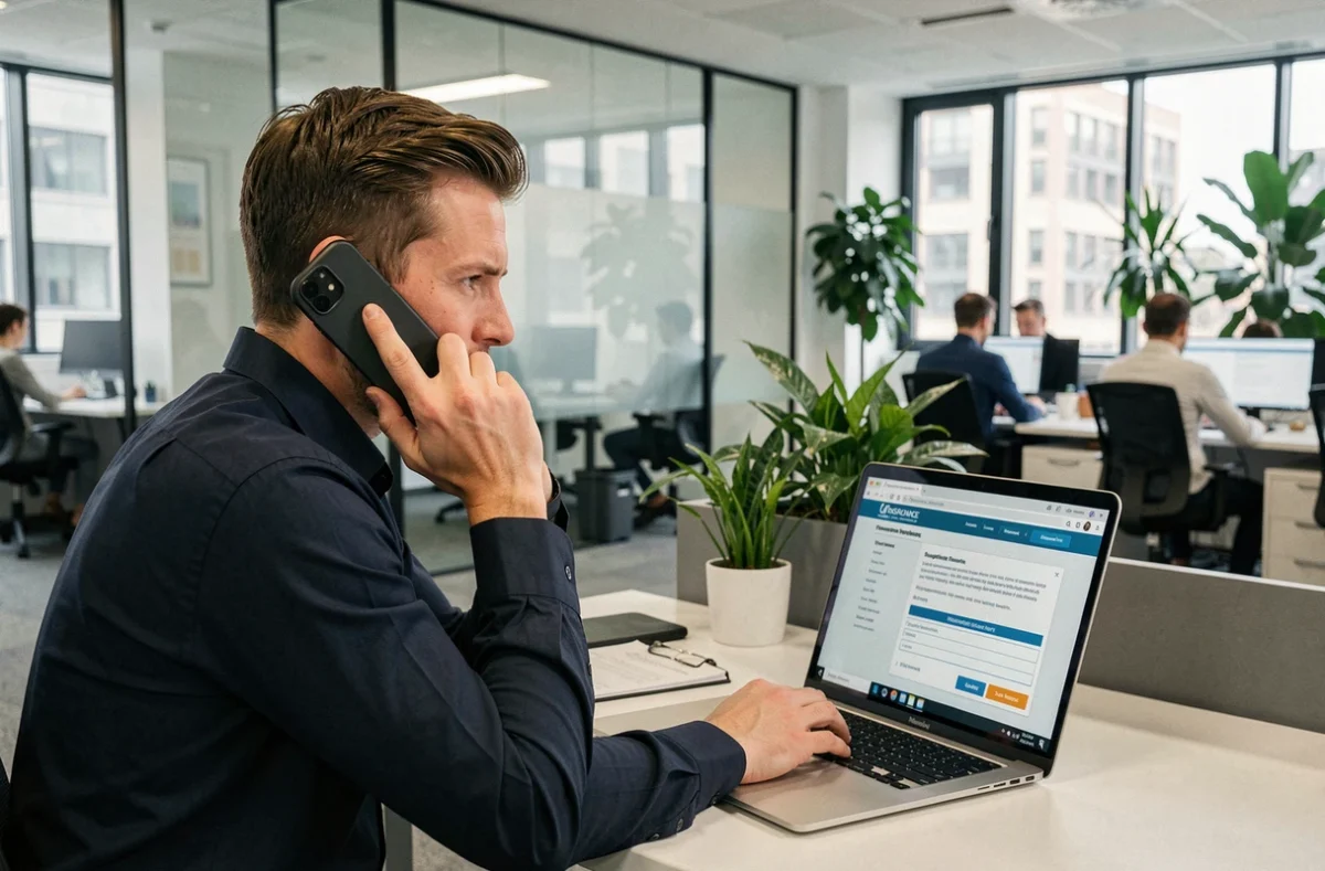 Homme hésitant lors d'une souscription d'assurance téléphone par appel téléphonique au bureau