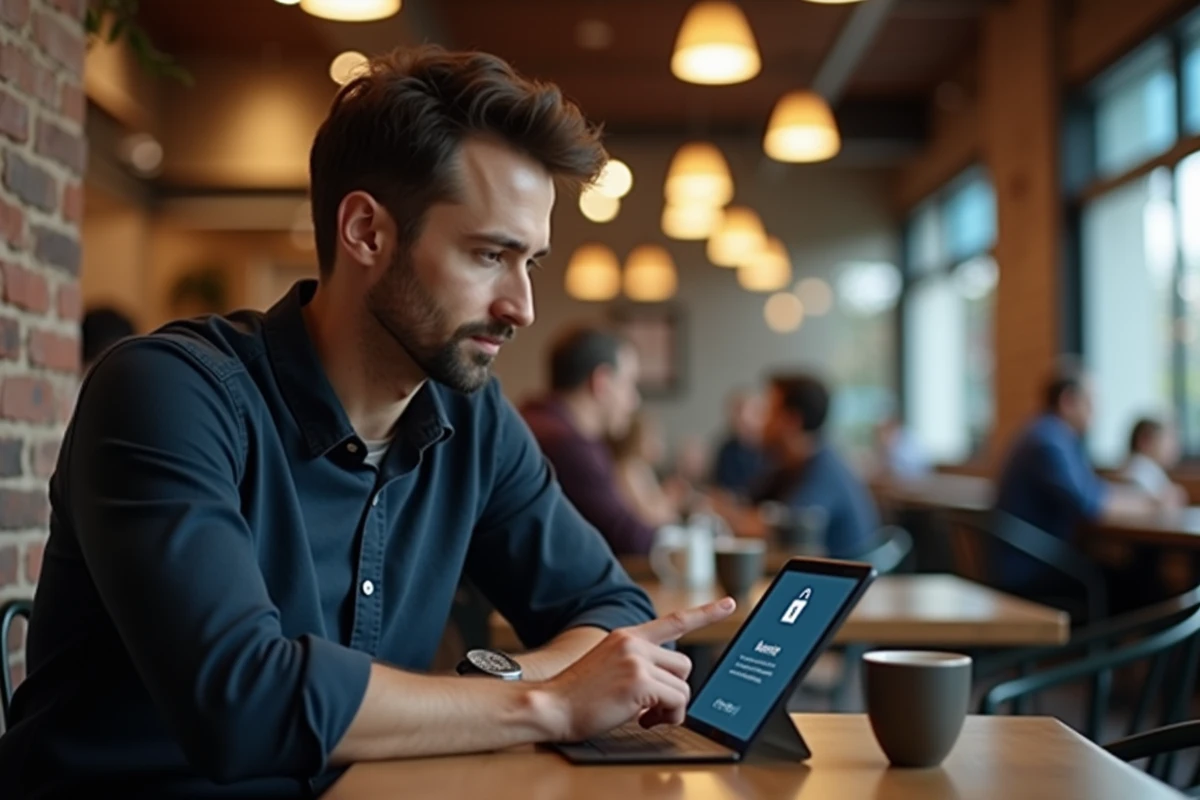 Homme utilisant une tablette pour accéder à son espace client Cyberplus BPO dans un café urbain