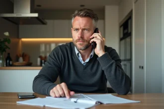 Homme d'âge moyen au téléphone dans une cuisine chaleureuse