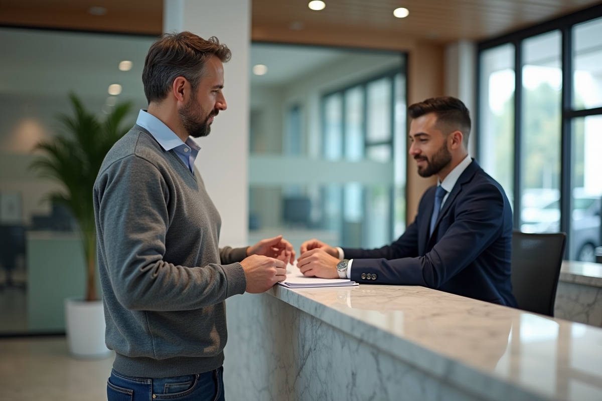Homme remettant un document à un conseiller bancaire