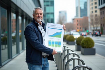 Homme d'âge moyen avec graphique sur émissions carbone