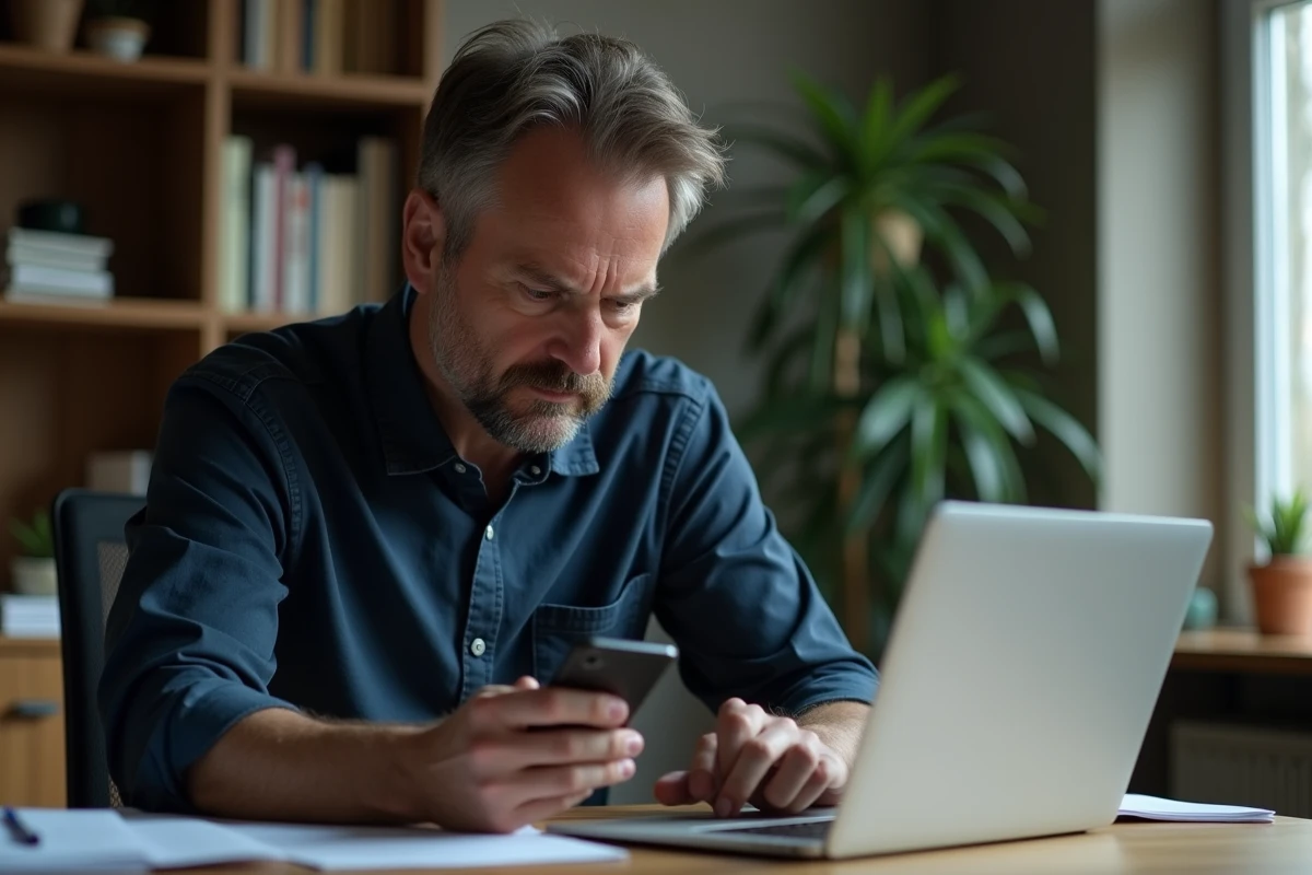 Homme vérifiant son application bancaire Nickel sur smartphone et ordinateur portable dans un bureau à domicile