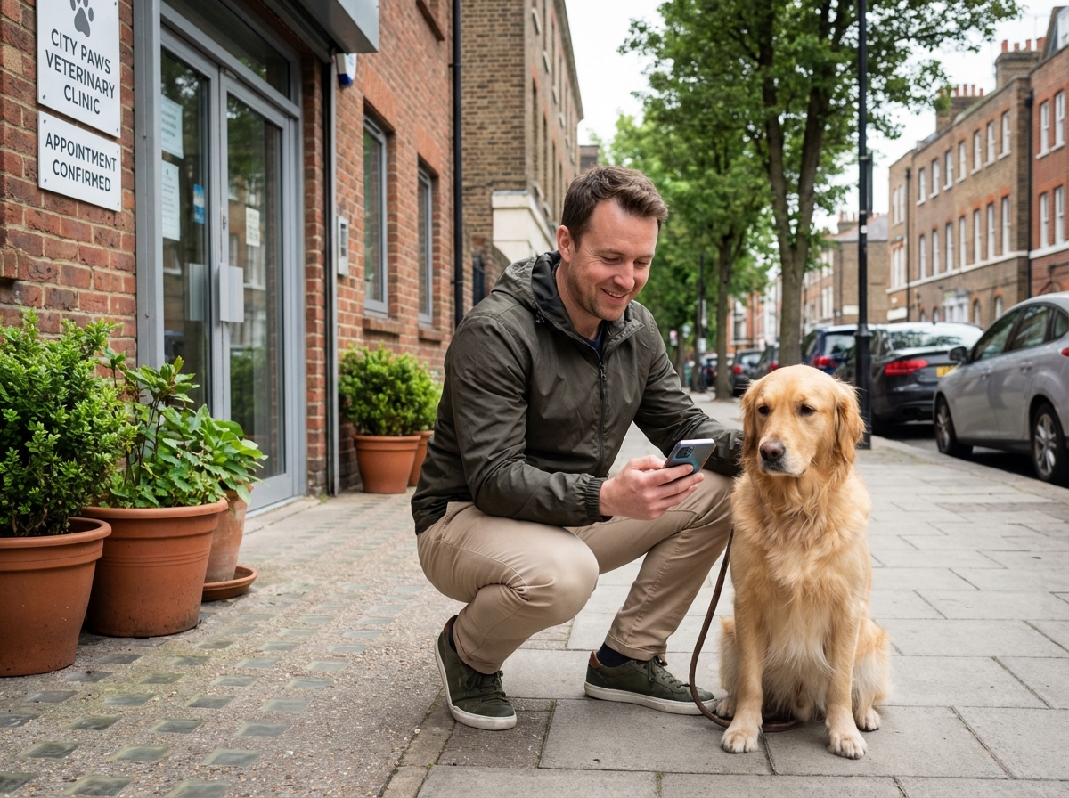Homme avec son chien devant une clinique vétérinaire