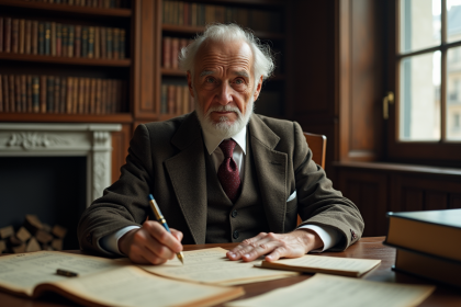 Homme âgé en costume vintage examinant des documents de pension
