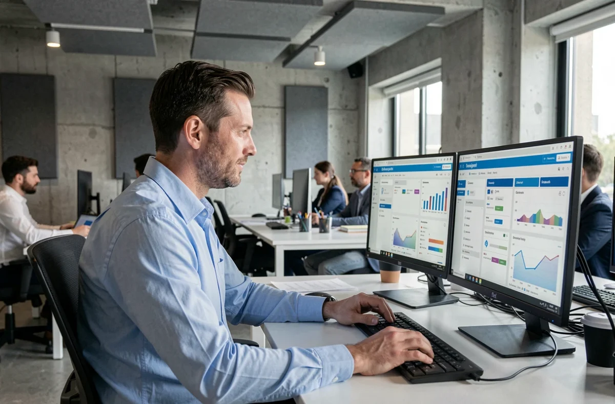 Consultant Infolink travaillant sur des tableaux de bord numériques de comparaison d'assurances