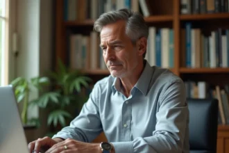 Investisseur particulier analysant les dates de dividendes Orange 2026 sur son ordinateur portable dans un bureau à domicile